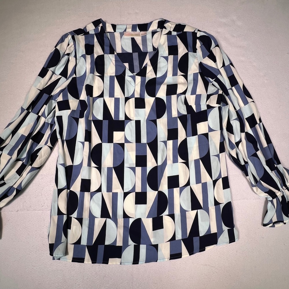 Belle by Kim Gravel Geometric Print Blouse Womens Large Blue Excellent